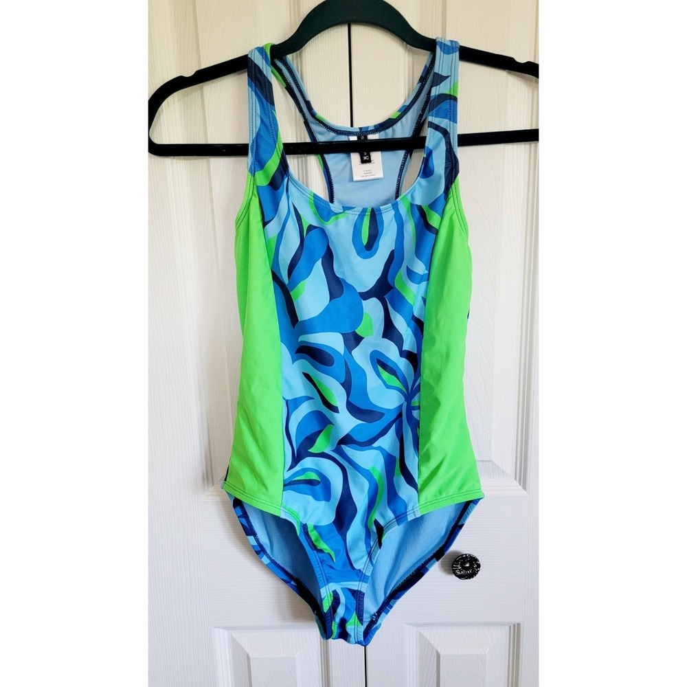 Spyder L Girls One Piece Swimsuit Blue Green‎ Size 12-14 Racerback NEW